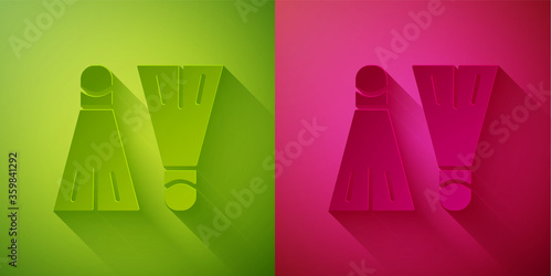 Paper cut Rubber flippers for swimming icon isolated on green and pink background. Diving equipment. Extreme sport. Sport equipment. Paper art style. Vector Illustration.