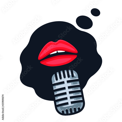 Vector image of red female lips next to the microphone. Concept of asmr artist, blogger, singer, radio host, podcast.