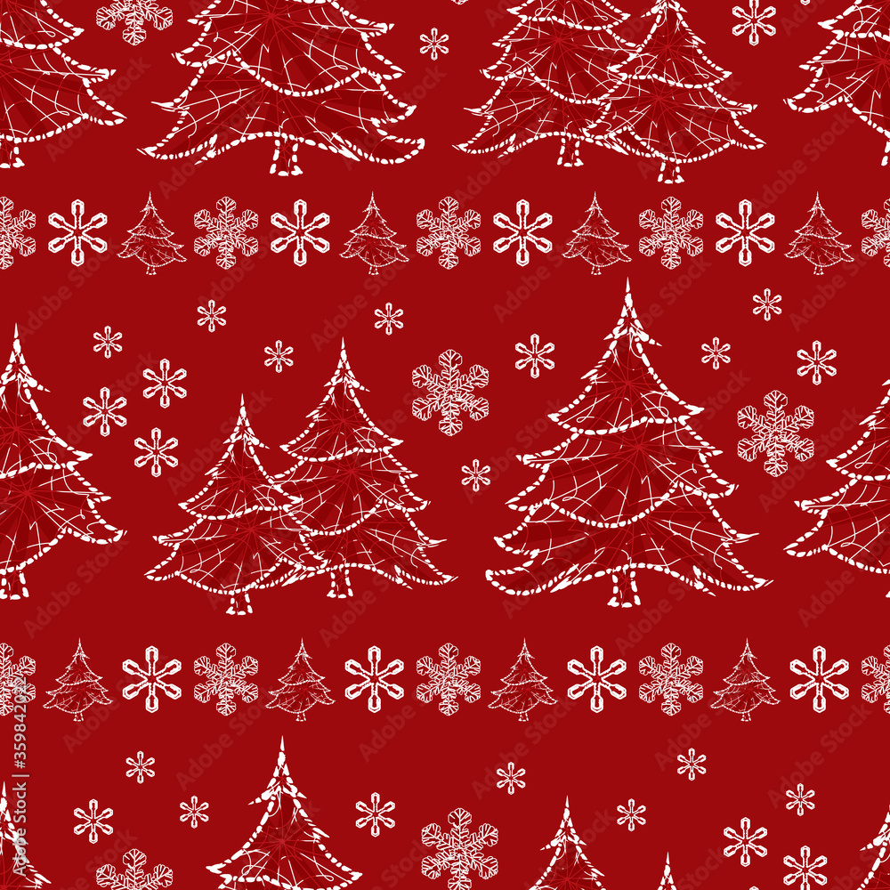 Vector red monochrome sparkling christmas tree and rows of snowflakes seamless background. Suitable for textile, gift wrap and wallpaper. Vector red monochrome sparkling christmas tree and rows of snowflakes seamless background. Suitable for textile, gift wrap and wallpaper.