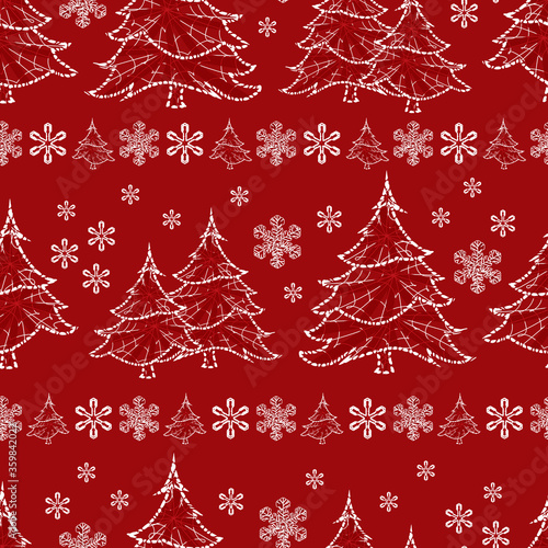 Vector red monochrome sparkling christmas tree and rows of snowflakes seamless background. Suitable for textile, gift wrap and wallpaper.