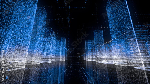 Flying through neon digital model of abstract modern city made of symbols and grids in blue and white color on black background. Business, connections and digital technology concept. 3d rendering 4k