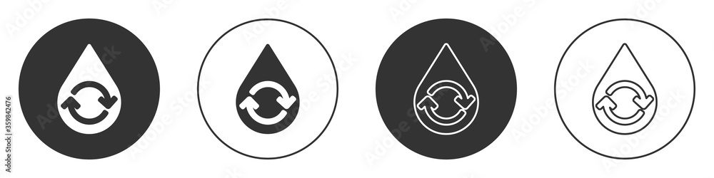 Black Recycle clean aqua icon isolated on white background. Drop of water with sign recycling. Circle button. Vector Illustration. Black Recycle clean aqua icon isolated on white background. Drop of water with sign recycling. Circle button. Vector Illustration.