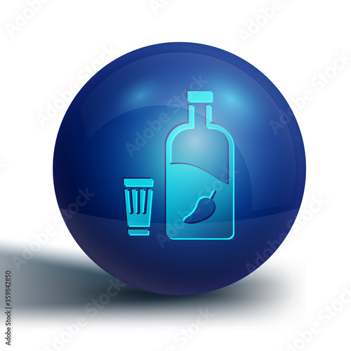 Blue Vodka with pepper and glass icon isolated on white background. Ukrainian national alcohol. Blue circle button. Vector Illustration.