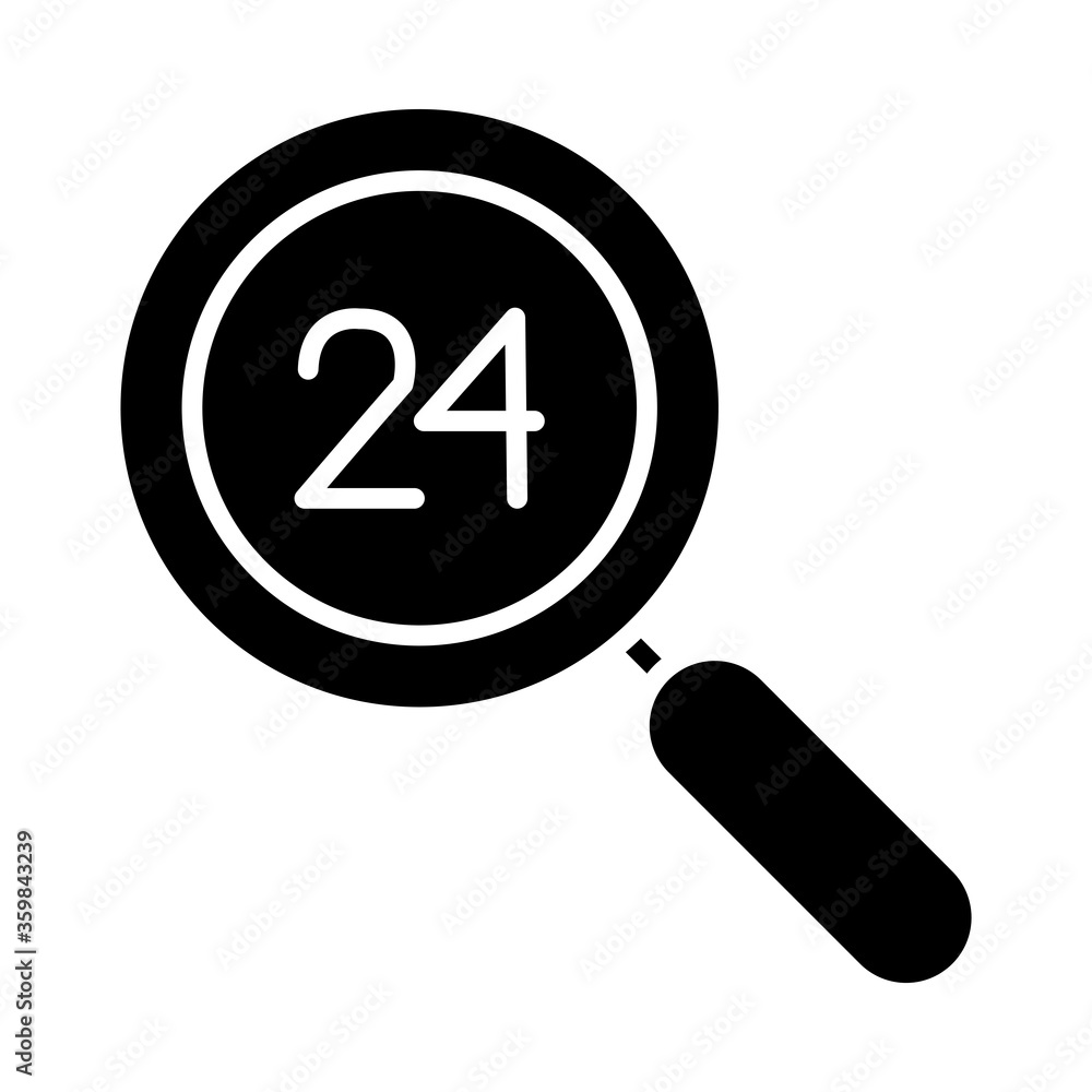magnifying glass with 24 hours symbol icon, silhouette style magnifying glass with 24 hours symbol icon, silhouette style