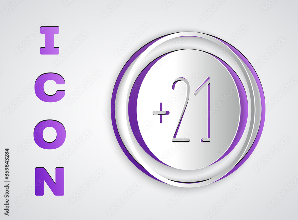 Paper cut Alcohol 21 plus icon isolated on grey background. Prohibiting alcohol beverages. Paper art style. Vector Illustration. Paper cut Alcohol 21 plus icon isolated on grey background. Prohibiting alcohol beverages. Paper art style. Vector Illustration.