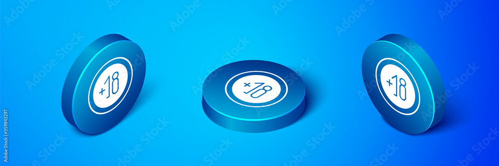 Isometric Alcohol 18 plus icon isolated on blue background. Prohibiting alcohol beverages. Blue circle button. Vector Illustration. Isometric Alcohol 18 plus icon isolated on blue background. Prohibiting alcohol beverages. Blue circle button. Vector Illustration.