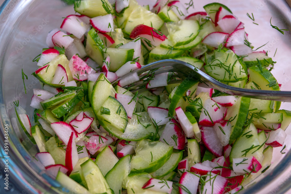 healthy eating. Vegetables.radish and cucumber salad with dill