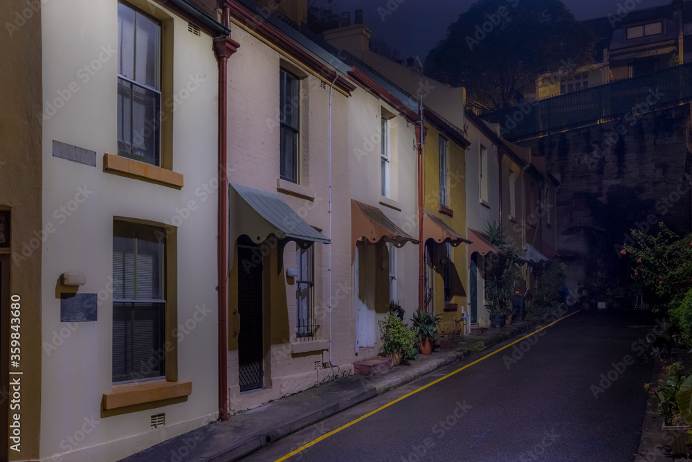 old terrace houses at night