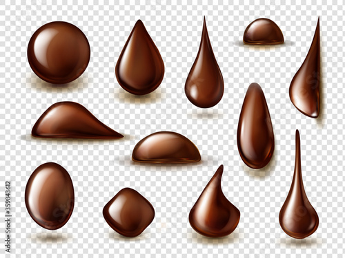Drops of liquid chocolate isolated on transparent background. Vector realistic mockup of sphere and drips of brown cream, molten dark chocolate, cocoa caramel or syrup