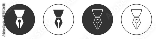 Black Fountain pen nib icon isolated on white background. Pen tool sign. Circle button. Vector Illustration.