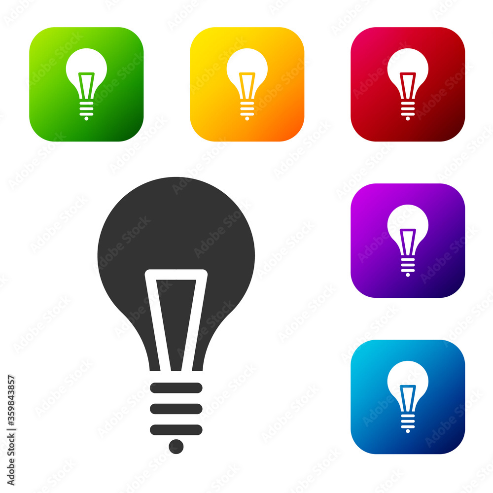 Black Light bulb with concept of idea icon isolated on white background. Energy and idea symbol. Inspiration concept. Set icons in color square buttons. Vector Illustration. Black Light bulb with concept of idea icon isolated on white background. Energy and idea symbol. Inspiration concept. Set icons in color square buttons. Vector Illustration.