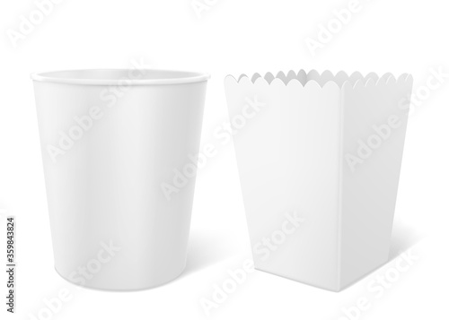 Blank bucket for popcorn, chicken wings or legs mockup isolated on white background. Empty pail fastfood front and side view. Paper hen bucketful design, food box rendering Realistic 3d vector mock up