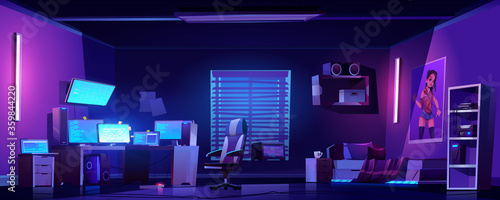 Teenager boy bedroom night interior, gamer, programmer, hacker or trader room with multiple computer monitors at work desk, unmade bed, 3d printer on shelf, placard on wall cartoon vector illustration