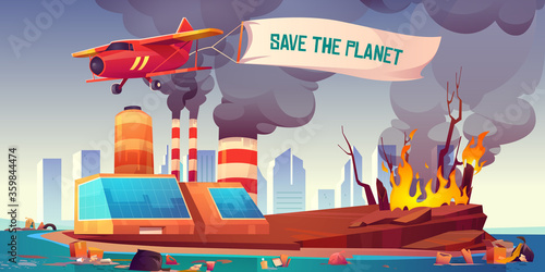 Flying plane with banner Save the planet on background of black smoke from factory, dirty sea shore polluted by waste and forest fire. Environment disaster, air and ocean pollution, deforestation