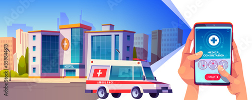 Online medical consultation app. Hands hold smartphone with application interface on urban background with ambulance riding on city street. Medicine, hospital call service, Cartoon vector illustration