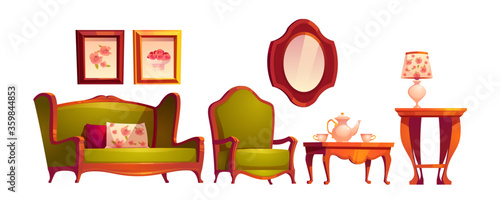 Living room interior in classic victorian style with sofa, armchair, mirror and coffee table. Vector cartoon set of vintage wooden furniture for old lounge room with tea on table and paintings