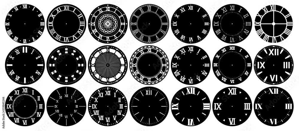 © fim.design - Antique clock face. Vintage dial with Roman numerals, retro watchface for round analog clocks. Elegant time classic dials design vector set