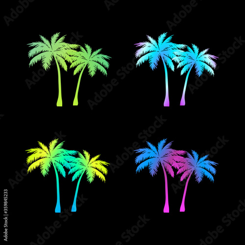 Big set neon rainbow gradient silhouette palm tree