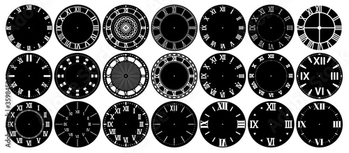 Antique clock face. Vintage dial with Roman numerals, retro watchface for round analog clocks. Elegant time classic dials design vector set