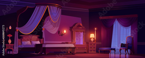 Victorian bedroom, royal interior at night time. Luxury empty light room with wooden furniture and decoration, bed with tulle canopy, mirror, couch and nightstand, cartoon vector illustration