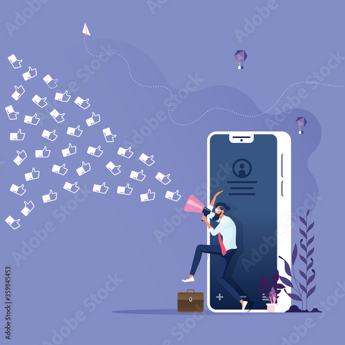 Social media marketing concept-Businessman with megaphone drags customer like icon into the business