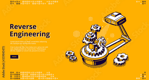 Reverse engineering banner. Concept of disassemble product and research functions for analysis, upgrade, quality control. Vector landing page of back engineering with isometric gears and scanner