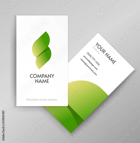 Green eco leaf logo for organic ecology company on business card template design or abstract gradient natural flame spear energy logotype vector flat, concept of bio identity curve liquid modern icon