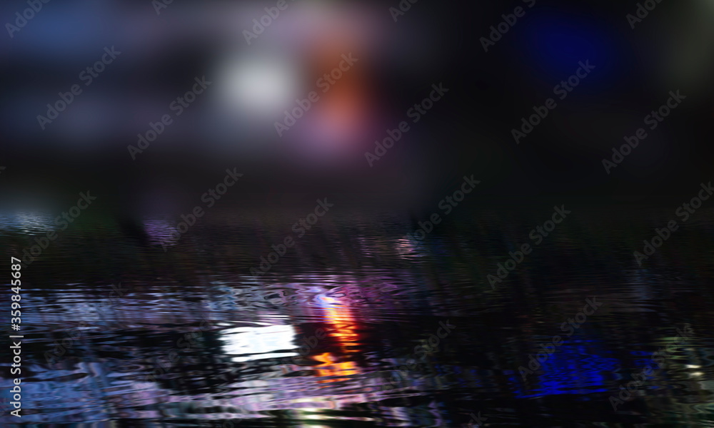 Dark street, neon lights, wet asphalt, puddles. Reflection of night lights in the water. Dark city view with neon. Dark abstract background, blur.