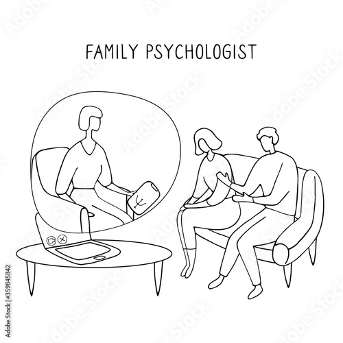 Family Psychologist. Online counseling for couple. Patients at psychological consultation. Linear doodle illustration