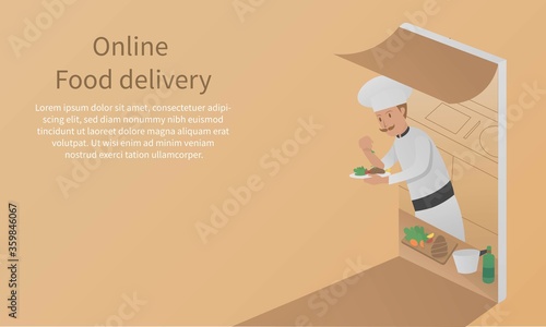 Online food delivery service to home concept,You can order food quickly through the app on smartphone,Freshly prepared food,Like a chef to cook at home,Vector illustration.