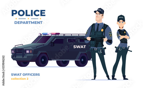 Cartoon swat officers man and woman team in armor. Safety officers with swat car. Guardians of law and order.