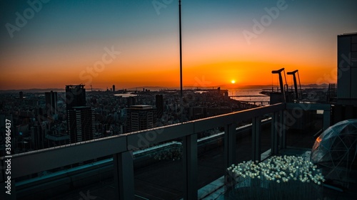 Sunset scenery from rooftop observatory in Osaka