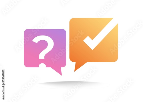 Quiz poll logo icon vector or interview discussion logotype sign with checkmark and ask question competition flat design, concept of poll game or interrogate chat insignia modern design template