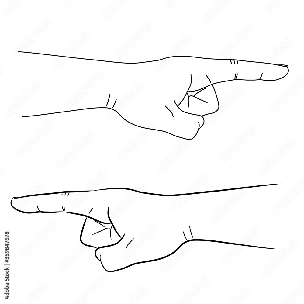 Man hand with a pointing finger from the contour black brush lines different thickness on white background. Vector illustration. Man hand with a pointing finger from the contour black brush lines different thickness on white background. Vector illustration.