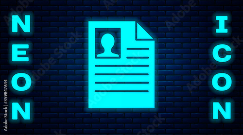 Glowing neon Resume icon isolated on brick wall background. CV application. Searching professional staff. Analyzing personnel resume. Vector Illustration.
