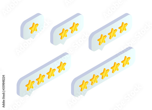 Customer service rate feedback, product review isometric icon. Rating speech bubble button with gold stars isolated on white. Reputation and quality vector illustration for web, infographics, app