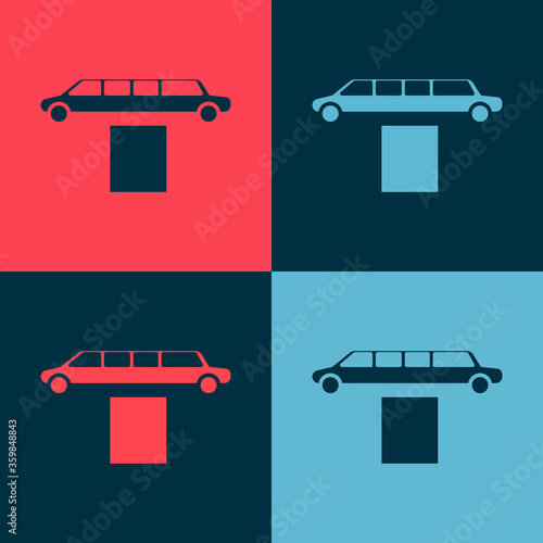 Pop art Luxury limousine car and carpet icon isolated on color background. For world premiere celebrities and guests poster. Vector Illustration.