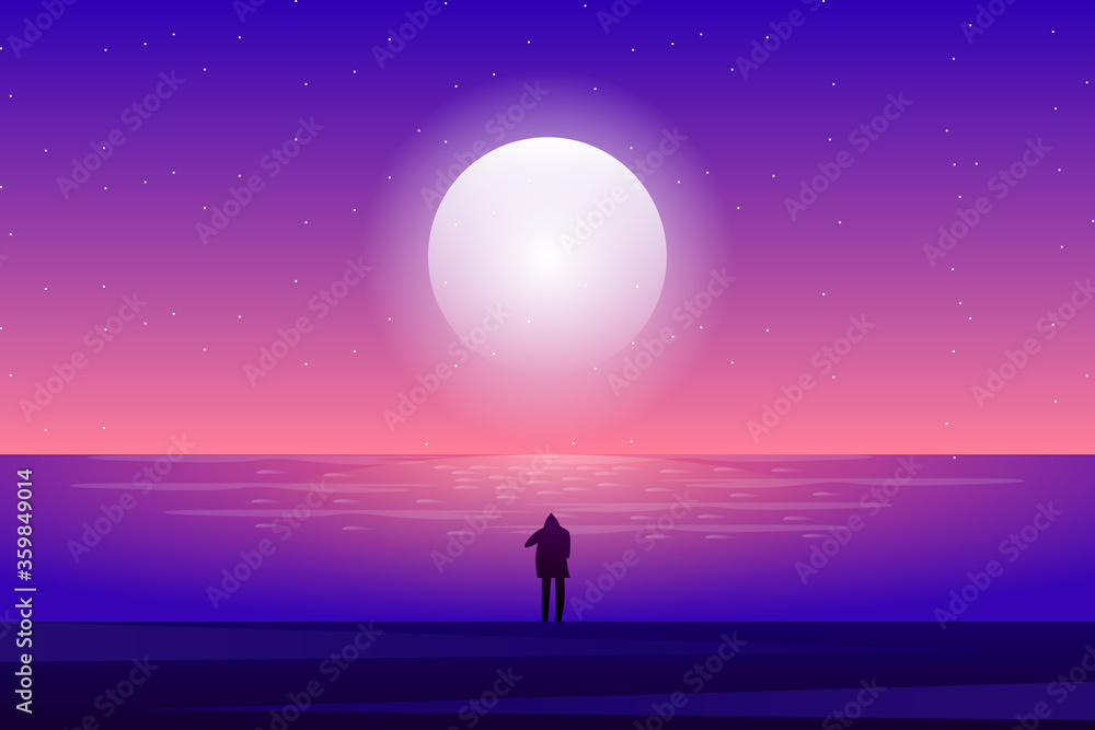 a man looking sunset sky with seascape background