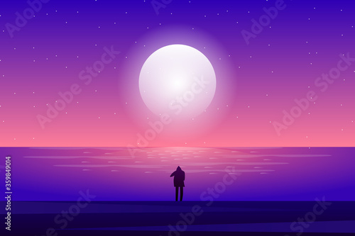 a man looking sunset sky with seascape background