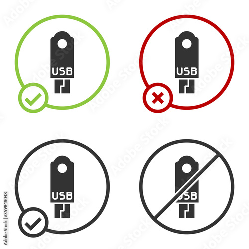 Black USB flash drive icon isolated on white background. Circle button. Vector Illustration.