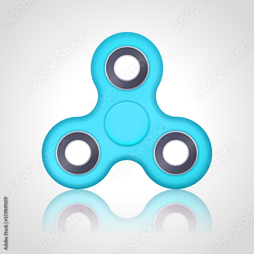 Vector realistic blue turquoise hand fidget spinner toy stress relieving on white background. Anti stress and relaxation fidgets illustration. EPS 10.