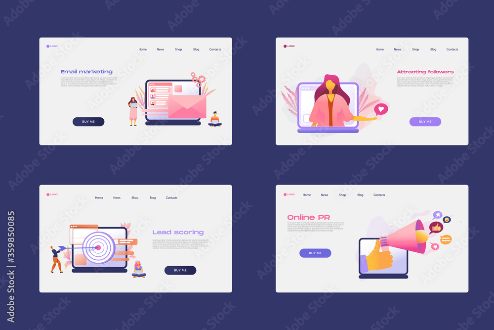 Flat cartoon icon set with email marketing business landing page template for concept design with characters. Pink purple style infographic metaphor illustration. Online PR, Attracting followers