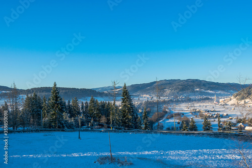 Houses covered with snow in a fantastic winter landscape from Ortoaia, Dorna Arini, Suceava County, Romania photo