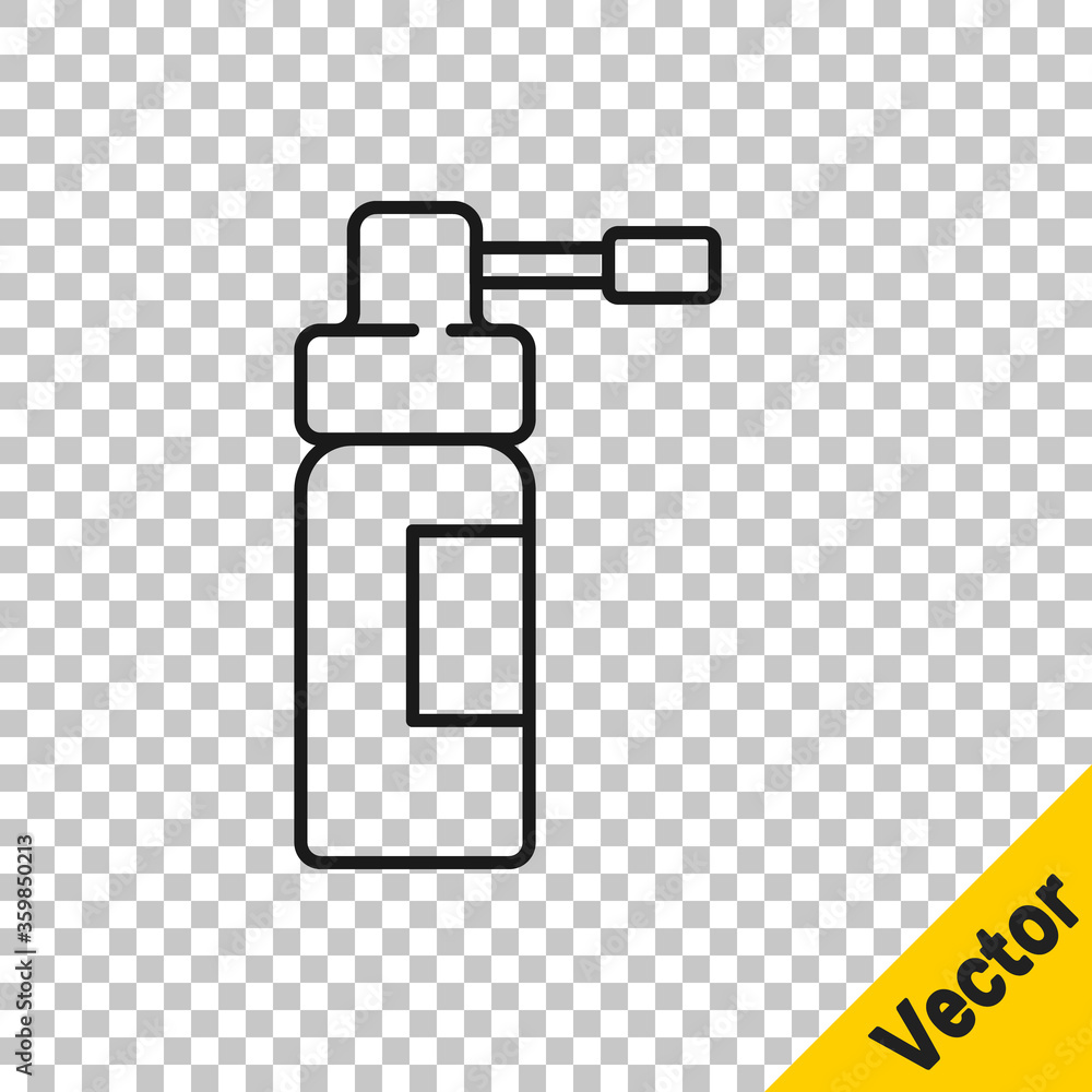 Black line Medical bottle with nozzle spray for the treatment of diseases of the nose and throat icon isolated on transparent background. Vector Illustration. Black line Medical bottle with nozzle spray for the treatment of diseases of the nose and throat icon isolated on transparent background. Vector Illustration.