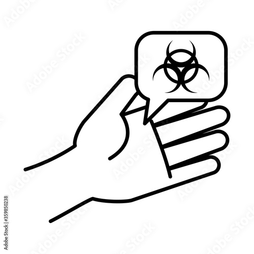 hand and speech bubble with biohazard symbol, line style