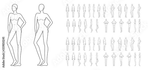 Fashion template of 50 women in different poses with main lines. 9 head size for technical drawing. Lady figure front, side, 3-4 and back view. Vector girls for fashion sketching and illustration.