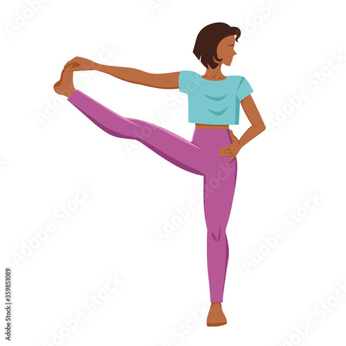 Yoga. A tanned girl stands in the utthita haste padangustasana pose. Vector illustration.