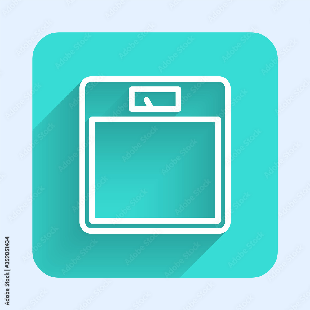 White line Bathroom scales icon isolated with long shadow. Weight measure Equipment. Weight Scale fitness sport concept. Green square button. Vector Illustration. White line Bathroom scales icon isolated with long shadow. Weight measure Equipment. Weight Scale fitness sport concept. Green square button. Vector Illustration.