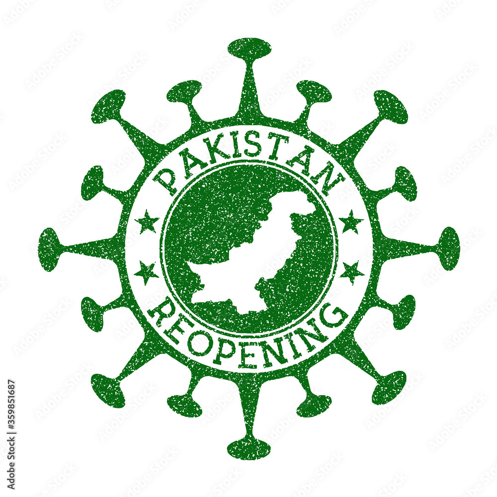 Pakistan Reopening Stamp. Green round badge of country with map of Pakistan. Country opening after lockdown. Vector illustration.