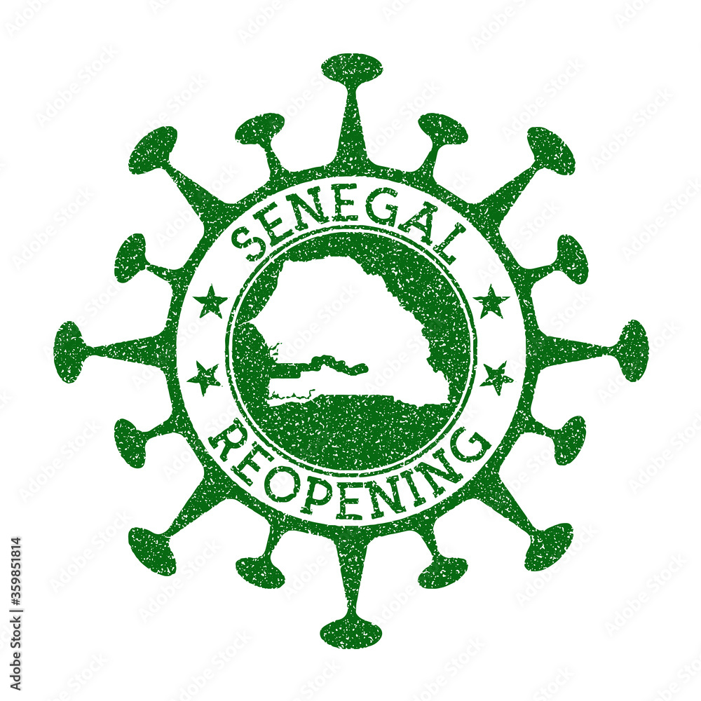 Senegal Reopening Stamp. Green round badge of country with map of Senegal. Country opening after lockdown. Vector illustration.